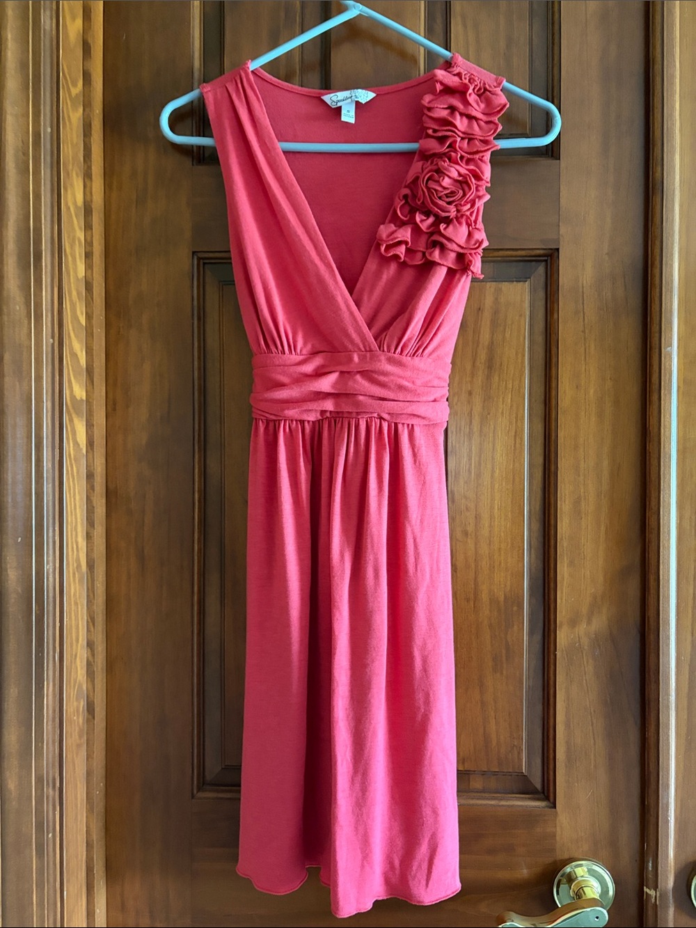 Sleeveless Pink Floral Applique Wrap Dress